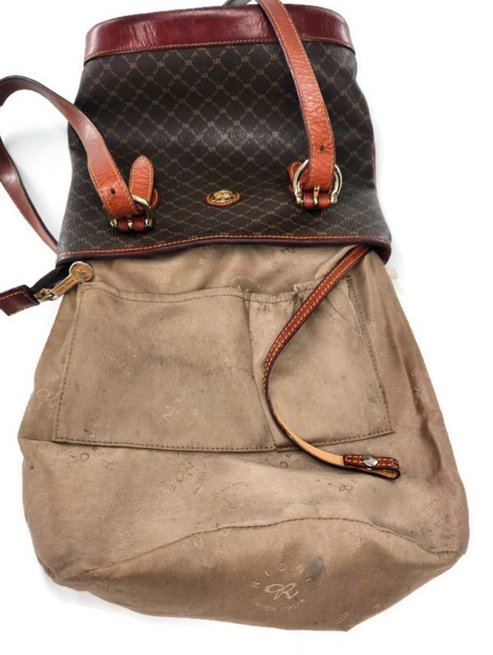 Rioni Brown Coated Canvas Gold Monogram Pattern & Leather Shoulder Bucket Bag - Picture 14 of 14